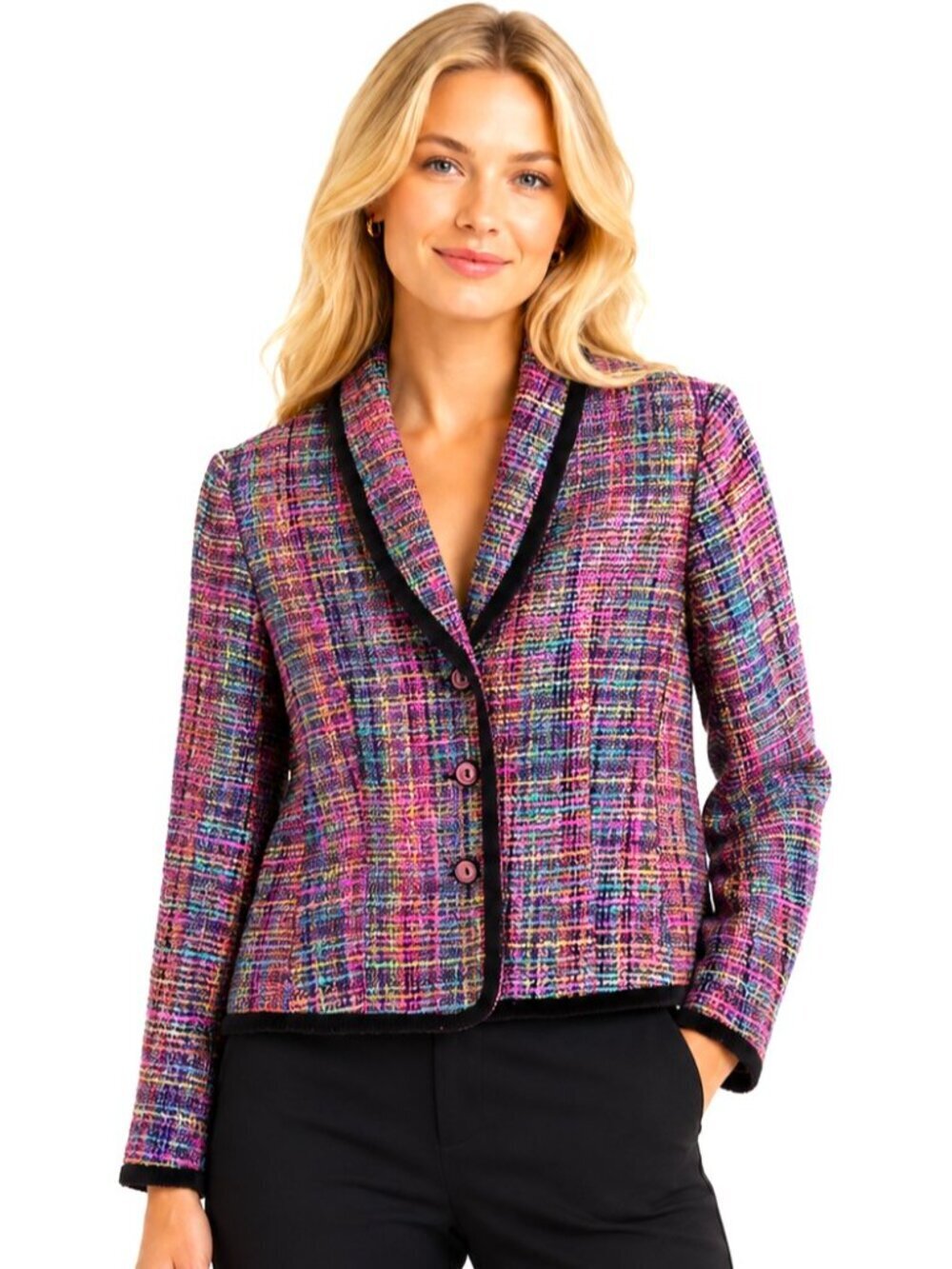 Giancarlo Ferrari Petite Blue Pink Tweed Black Trim Blazer